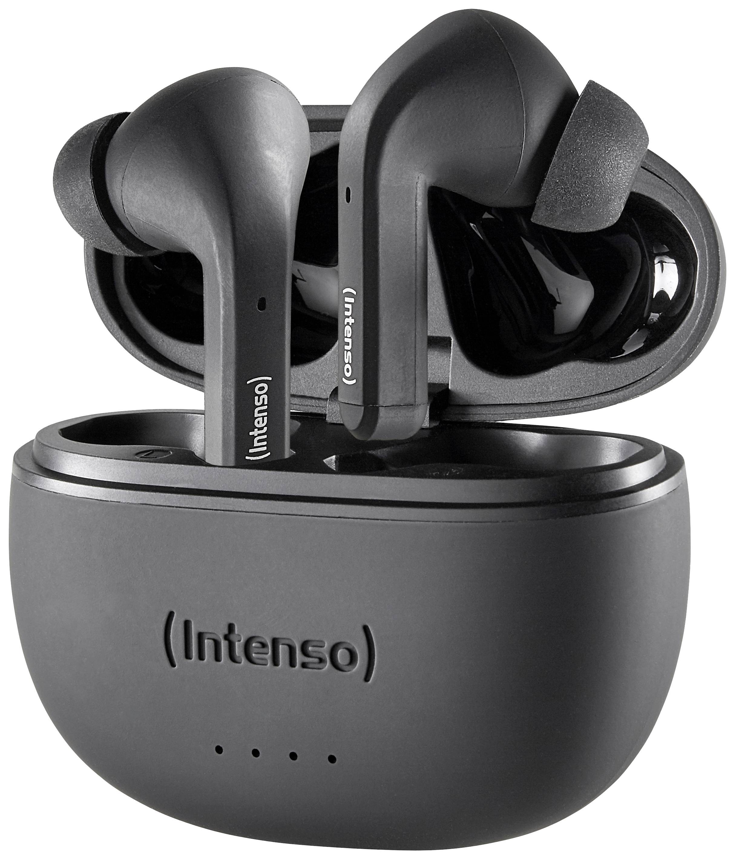 Black wireless in-ear headphones by Intenso, presented in a matching charging case.