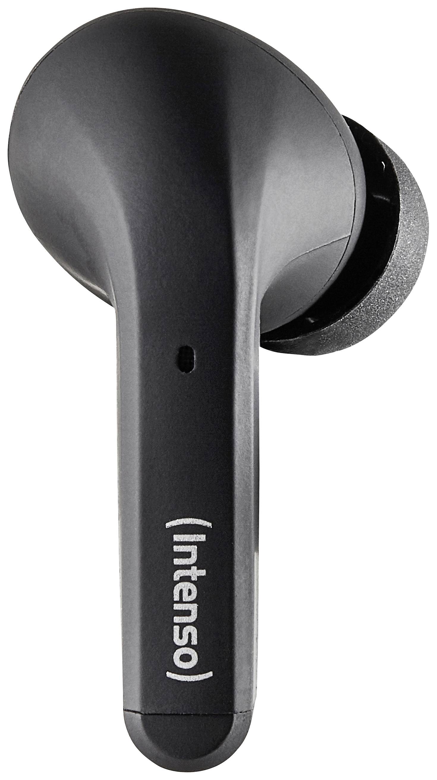 Black wireless earphone with 'Intenso' logo on the side, modern minimalist design.