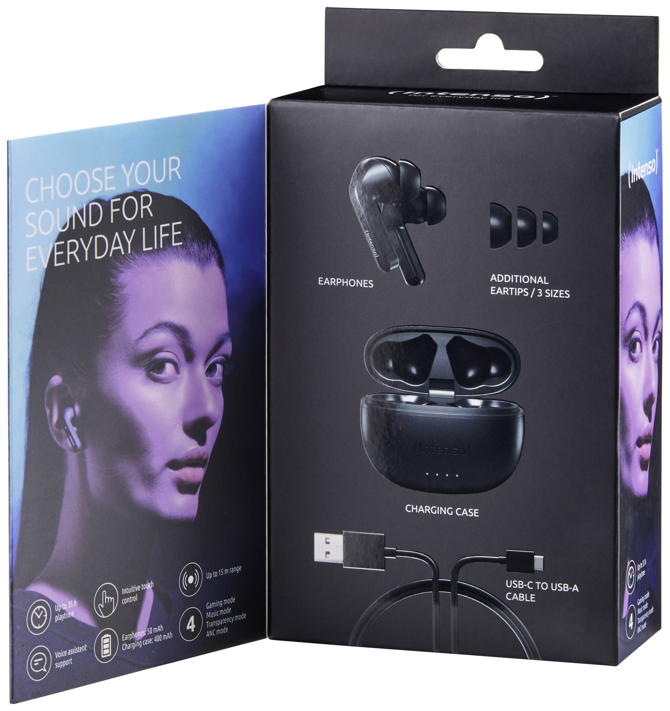 Packaging for wireless earbuds with charging case, USB-C cable and three earbud sizes. Print: 'Choose your sound for everyday life'.