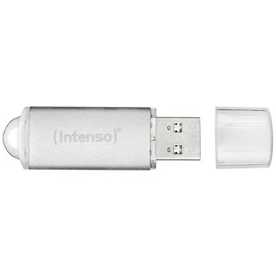 A silver USB stick with its cap removed, revealing the USB port. The logo 'Intenso' is printed on the stick.