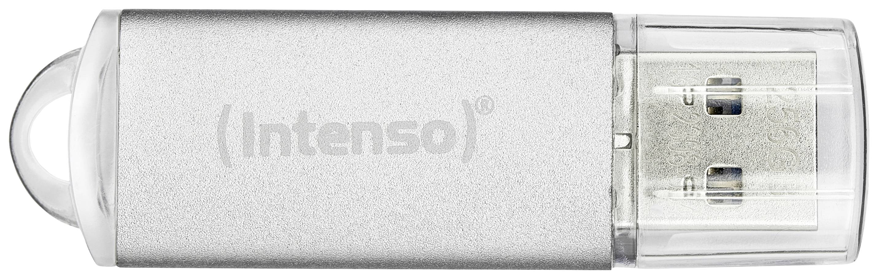 Silver USB stick with a transparent protective cap, featuring the 'Intenso' text on the surface.