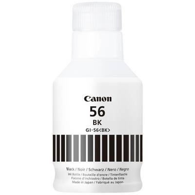 White ink bottle by Canon, model GI-56BK, with 135 ml contents. Inscription in multiple languages, including 'Black' and 'Made in Japan'.