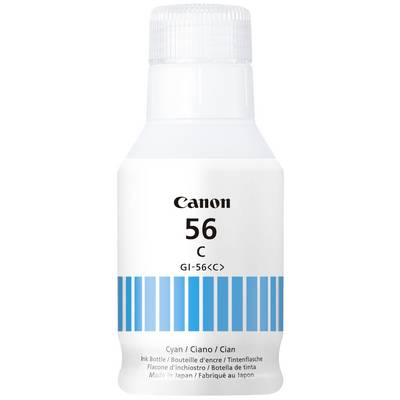 Blue ink bottle by Canon, Model 56 C, for printers. Label contains text in multiple languages and 'Made in Japan'.