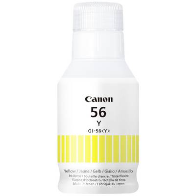 White ink bottle by Canon, Model 56Y, for yellow ink. Text in multiple languages, production note: Manufactured in Japan.