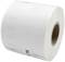 A photograph of a roll of white labels with a brown cardboard core, which can be used for printing or labelling.