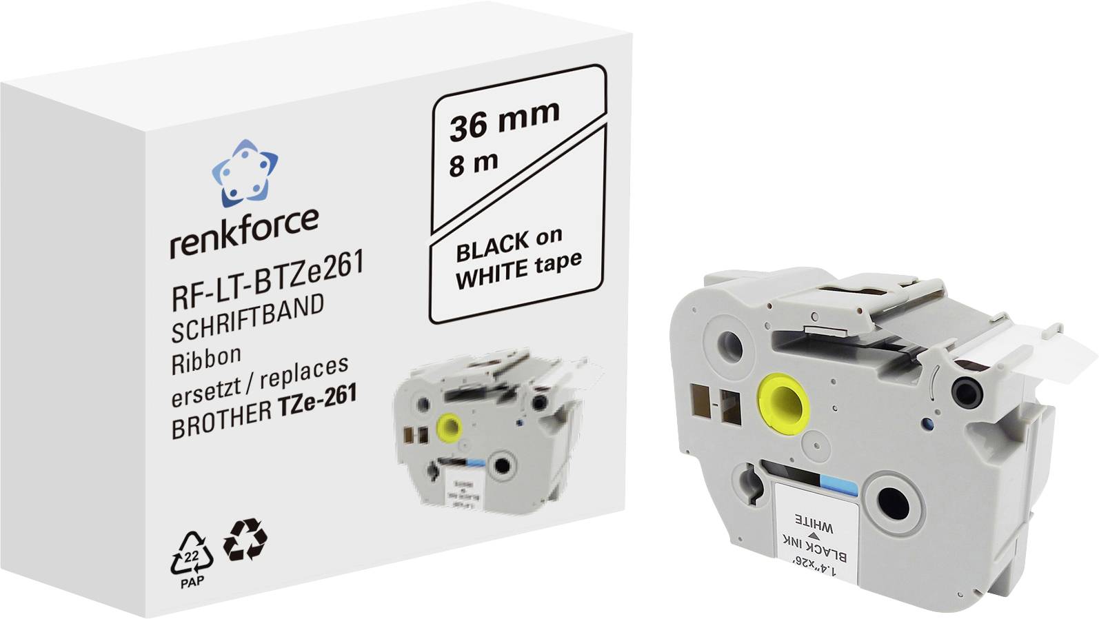 'Renkforce RF-LT-BTZe261' Label Cartridge with Cassette. Size: 36 mm, Length: 8 m. Black Text on White Tape. Compatible with Brother TZe-261.