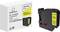Label tape cassette for DYMO printer with black text on yellow tape. Product packaging and cassette beside it.