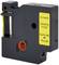 Black print cartridge with yellow label showing 'BLACK INK' and 'YELLOW'. Contains dimensions 12mm x 7m, for labelling device.