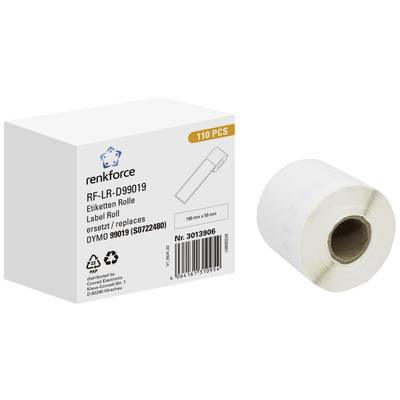 Label Roll in Packaging with Product Information: 'RF-LR-D99019, replaces DYMO 99019, 110 pieces, 190 mm x 89 mm'.