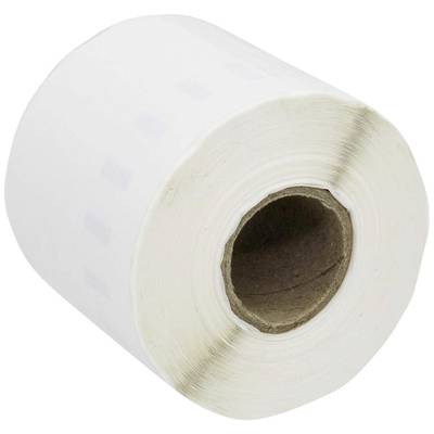 A roll of white stickers with square markings and a brown cardboard core. It is surrounded by a white surface.
