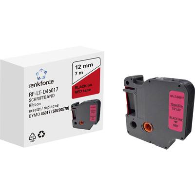 Label tape for label printers, replaces Dymo 45017. Black print on red tape, 12 mm width, 7 m length. Packaging and cassette illustrated.