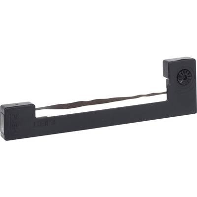 Black ribbon cassette with rectangular housing, used for printing machines or writing devices, with 'push' button on the side.