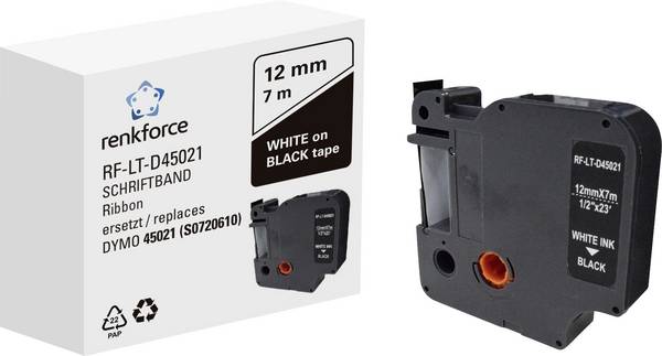 Renkforce RF-LT-D45021 Compatible replaced DYMO D1 - 45021 12 mm Tape colour: Black Font colour: White 7 m