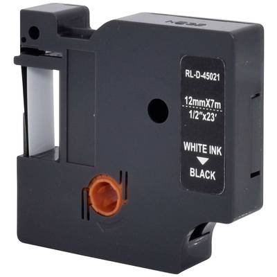 A black label cartridge with the inscription 'WHITE INK ON BLACK', model number RL-D-45021, 12mm x 7m.