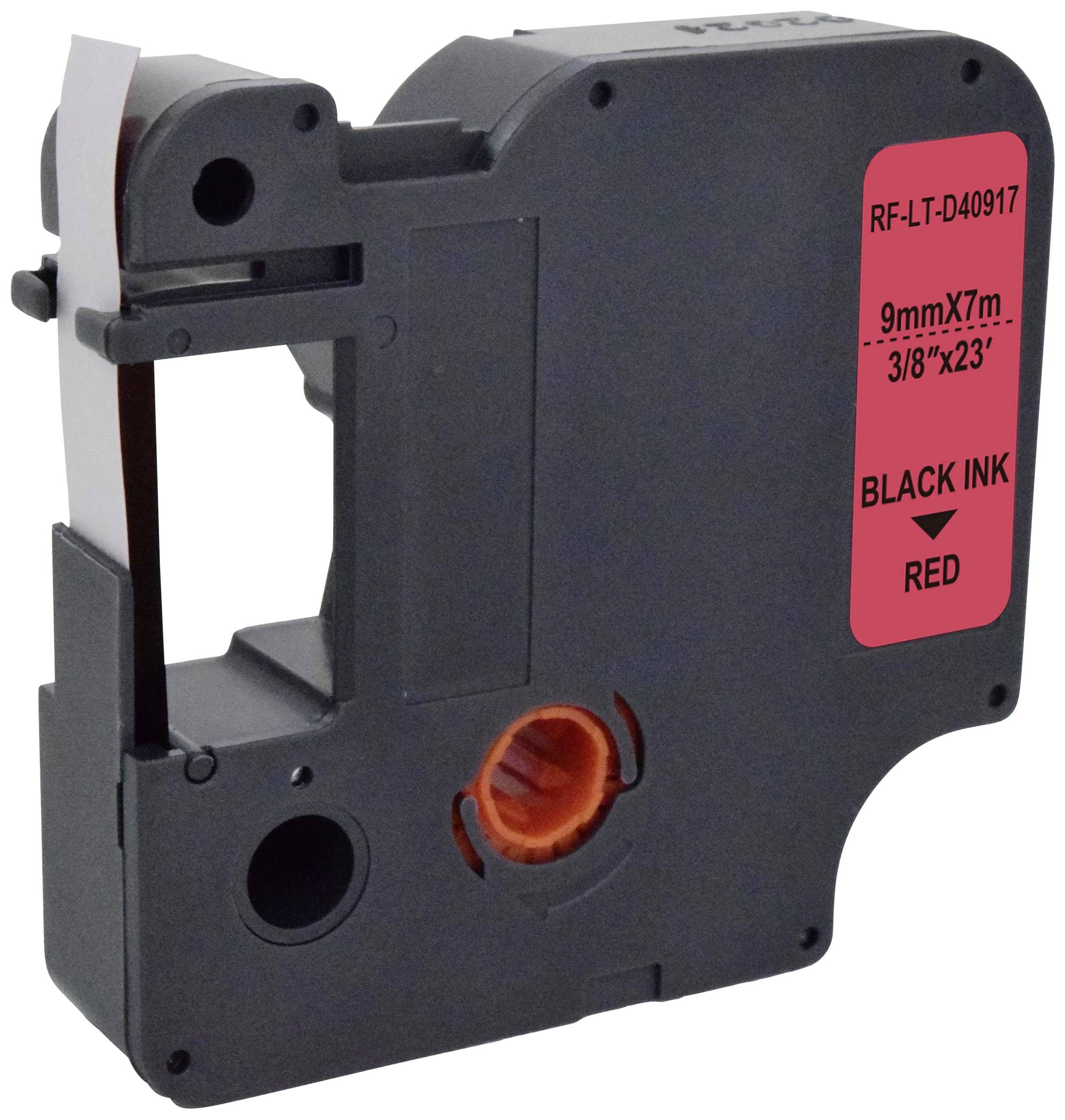 A black label cassette with the inscription '9mm x 7m, black ink on red background'.