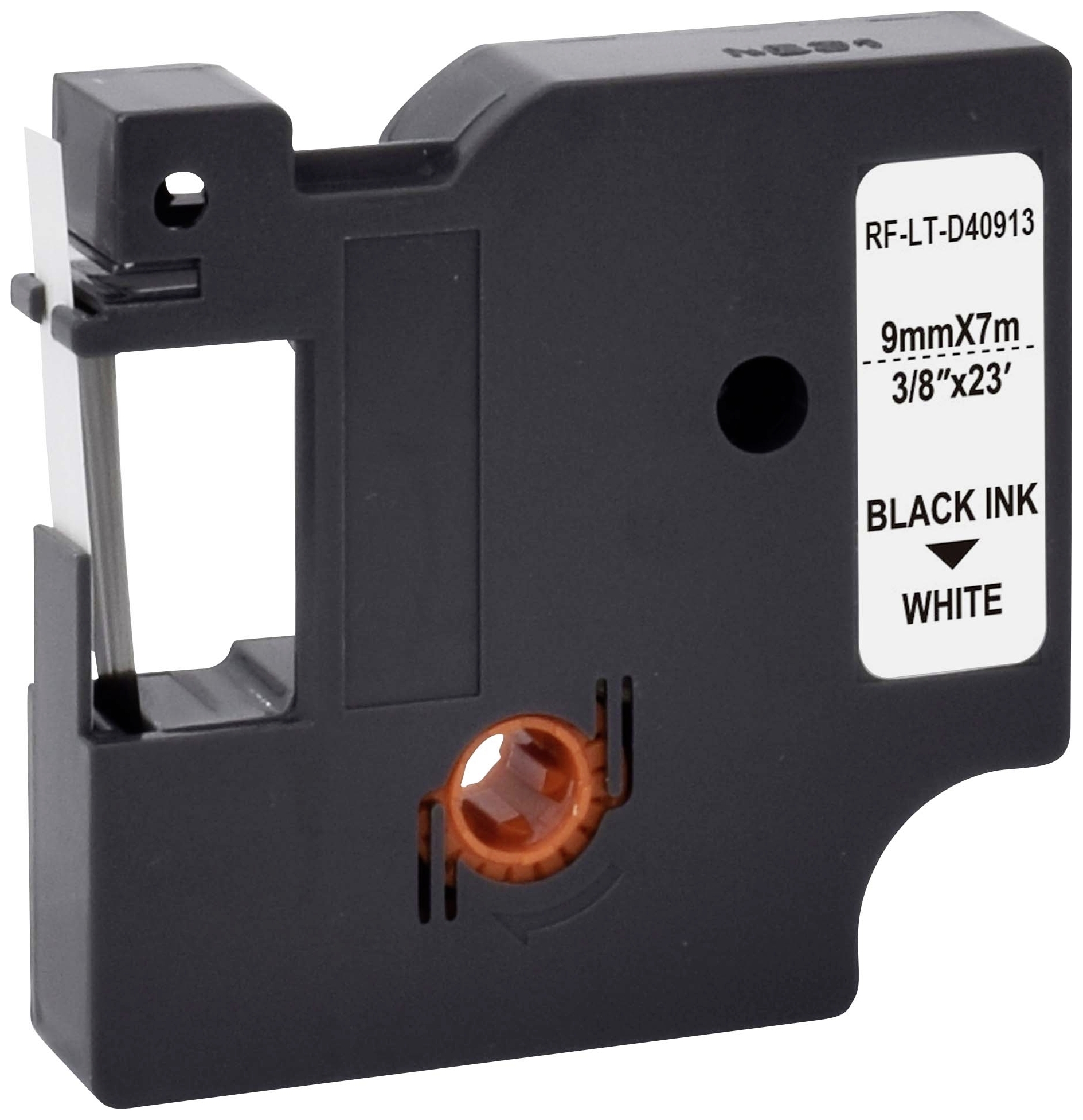 A black label cassette sized 9mm x 7m with white text 'BLACK INK - WHITE'.