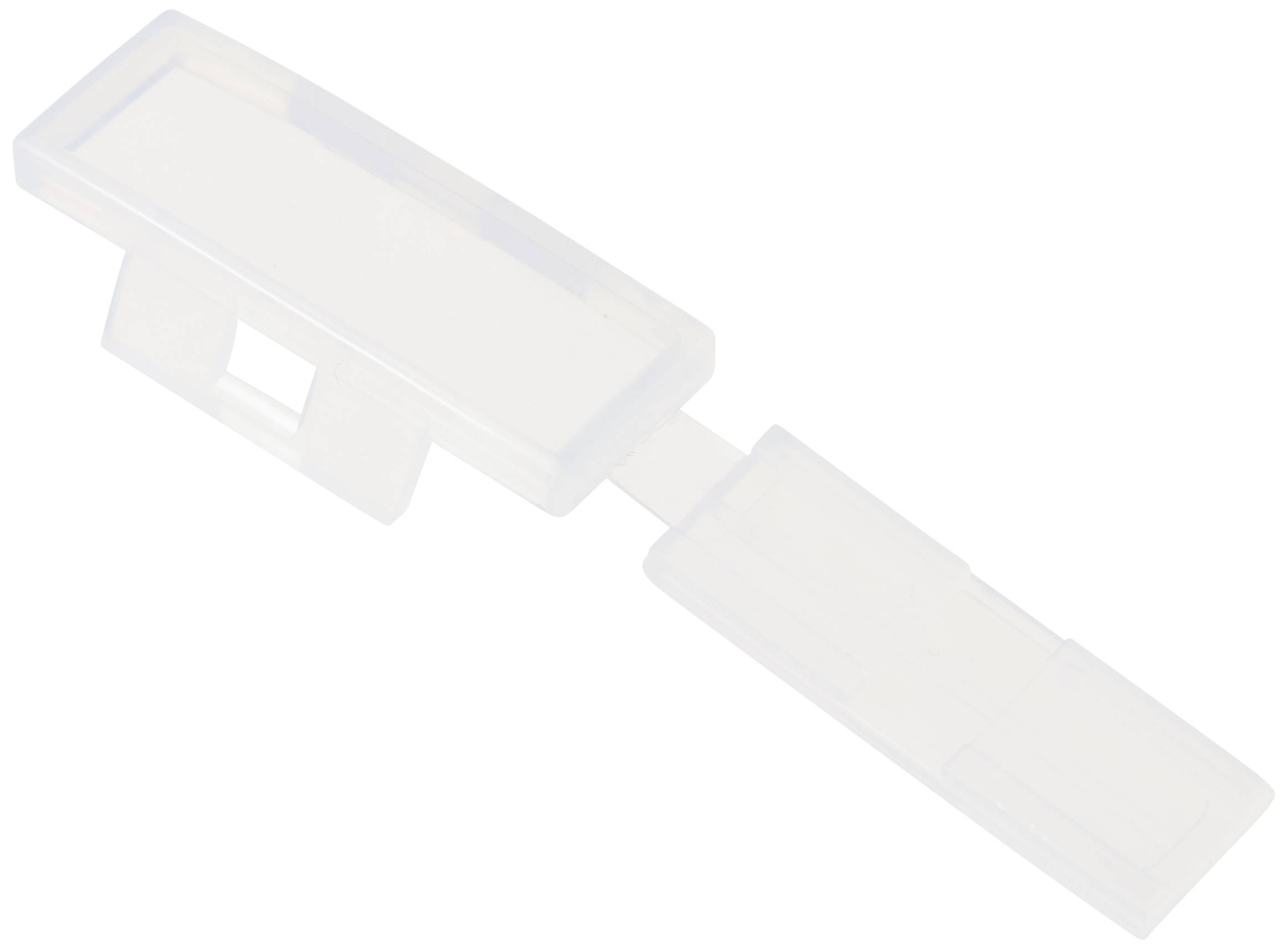 A transparent, rectangular plastic clip, commonly used for securing or sealing bags or containers.