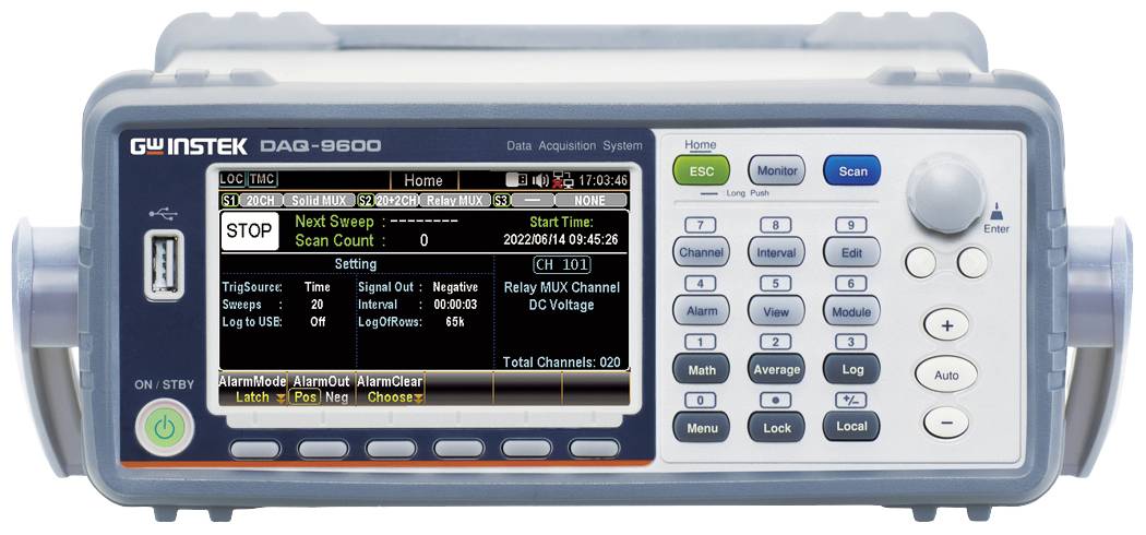 Device for data acquisition with screen display. Shows measurement values, settings, and operating elements such as rotary knob and buttons.