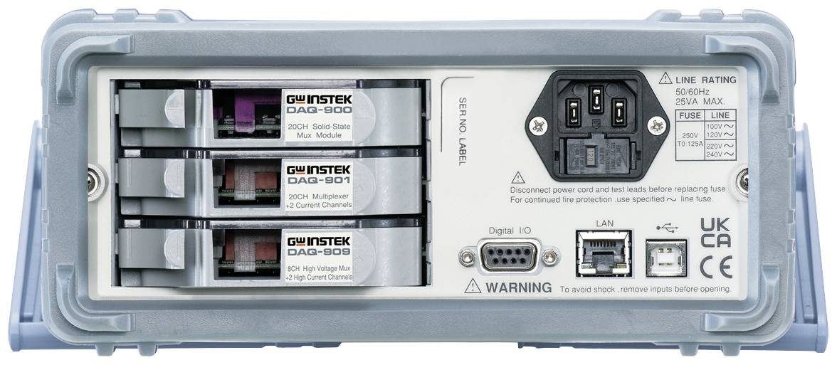 Back of an electrical device with multiple ports and slots for modules. Power supply and safety information displayed.