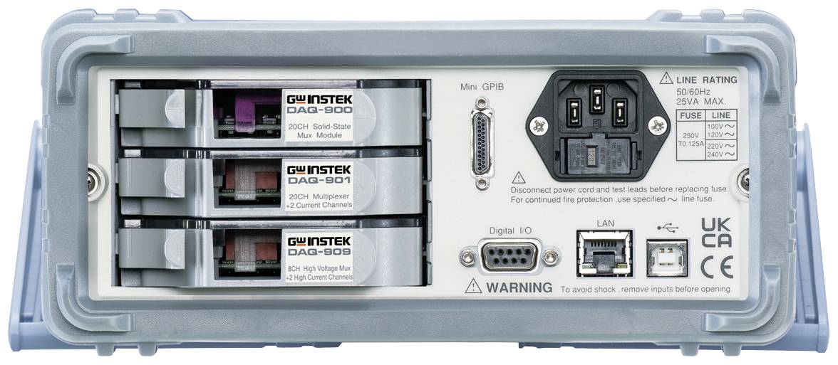 The rear of an electronic device shows three modules, network connections, power connection and warning notices.