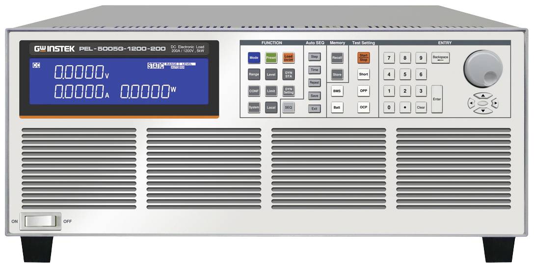 A programmable electronic load tester with a large display, multiple control elements and switches for power regulation.