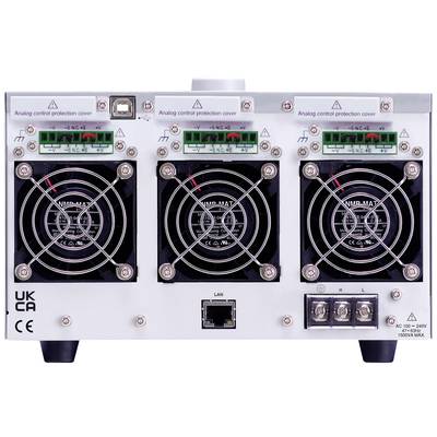 Back of an electronic device with three fans, a LAN port, and control indicators. Above are protective covers for analogue controls.