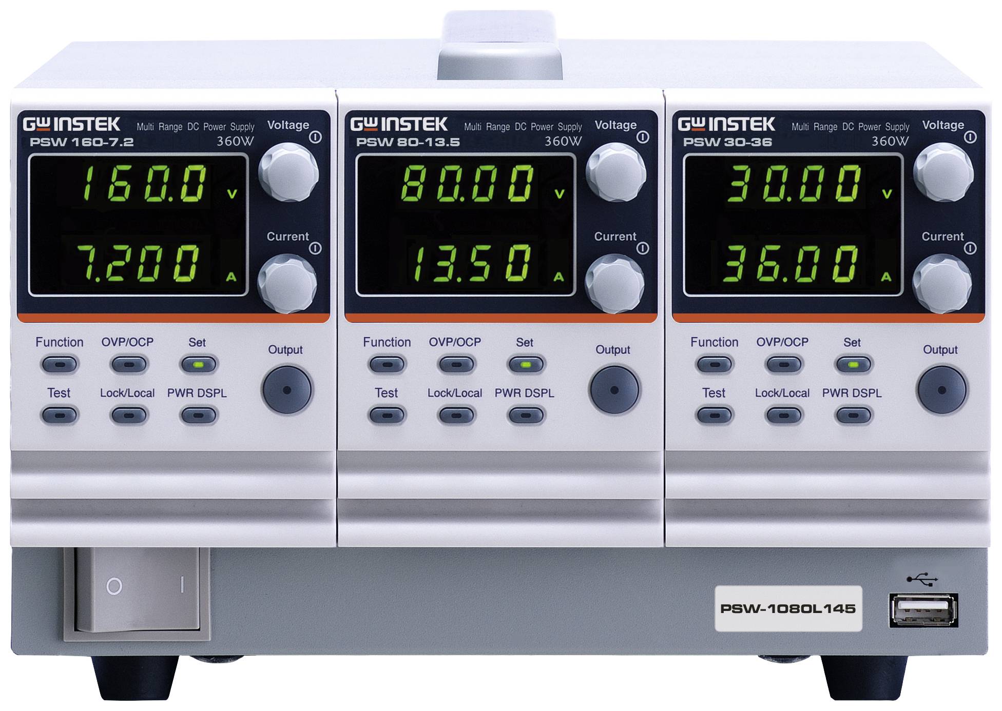 Triple laboratory power supply with digital displays for voltage and current. Left display: 160V, 7.200A; middle: 80V, 13.50A; right: 30V, 36.00A.