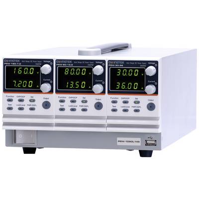Three-channel power supply unit with separate displays for voltage and current. Displays show: 160V/7.2A, 80V/13.5A, 30V/36A.