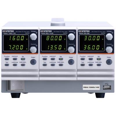 'GW Instek PSW' power supply with three displays. Left: 160V, 7.2A. Centre: 80V, 13.5A. Right: 30V, 36A. Each display with control buttons.