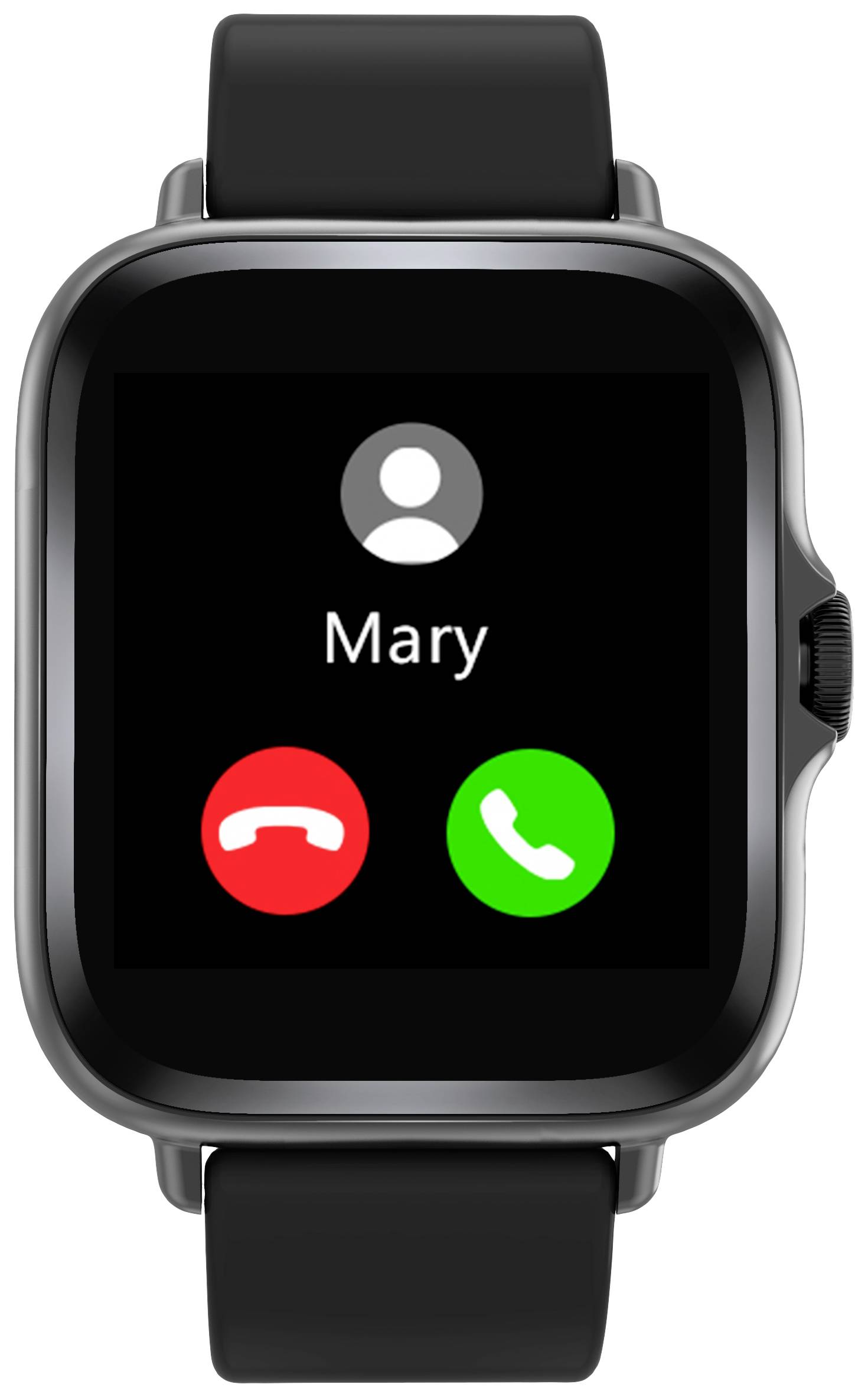 Smartwatch displays an incoming call from 'Mary' with red and green buttons to accept or reject the call.