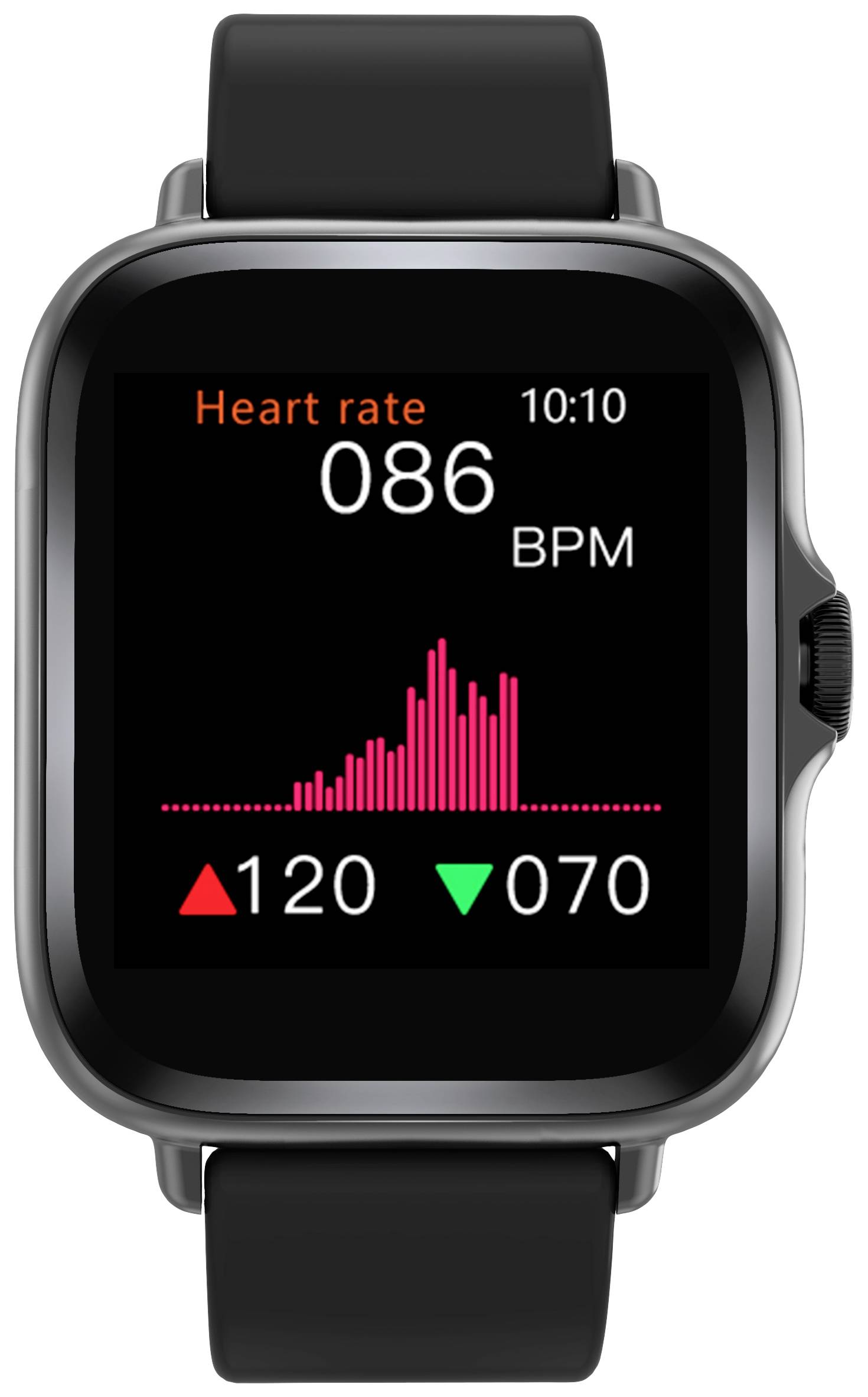 The image shows a smartwatch. The display indicates a heart rate of 86 BPM. A diagram displays values of 120 and 70.