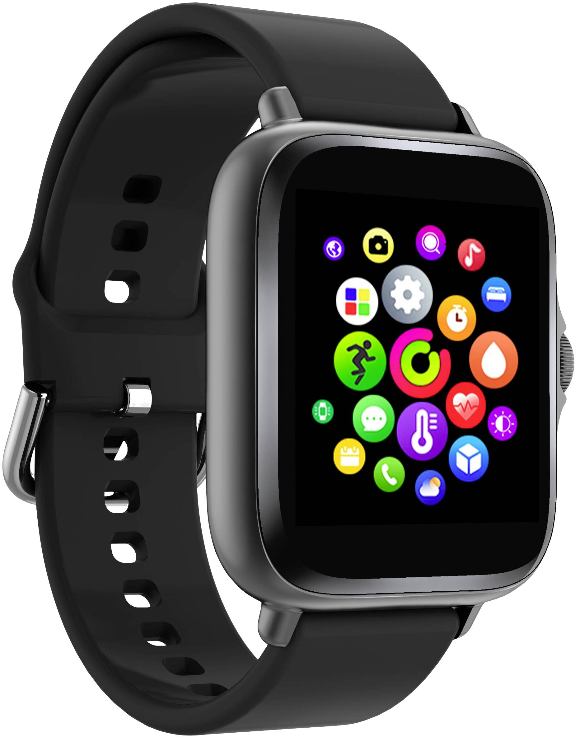 Black smartwatch with a square display showing colourful app icons. Primarily fitness and health applications.
