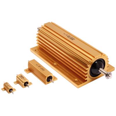 Four golden electronic components of varying sizes, arranged from small to large, with heat sinks for thermal dissipation.