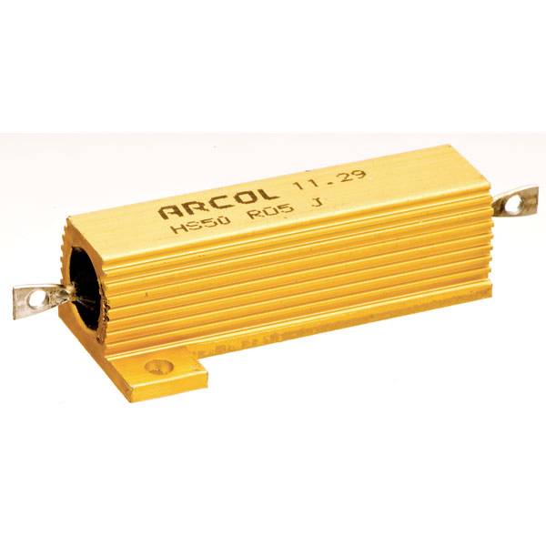 A golden resistor with the inscription 'ARCOL 11-29 HS50 R05 J', rectangular in shape with mounting tabs at the ends.