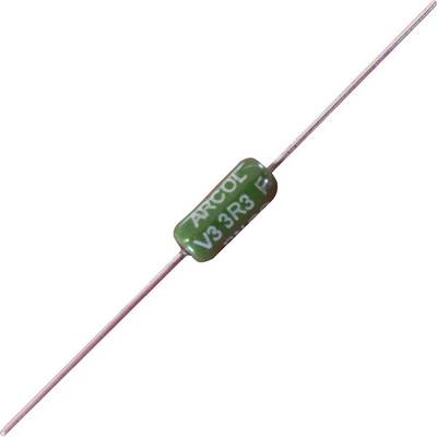 Green cylindrical resistor with wire connections, marked 'ARCOL V3 3R3 F'. Electronic component for electrical circuits.