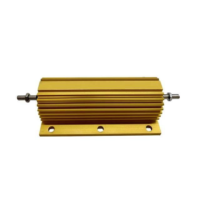 A gold-coloured, cylindrical resistor with cooling fins and mounting holes on a metal plate.