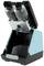An open, modern shoe polishing machine with two rotating brushes inside. It is finished in black and turquoise.