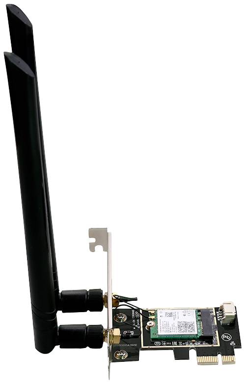 'PCIe Wi-Fi card with two large black aerials; installed in a desktop computer to enable wireless internet access.'