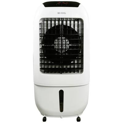 A white portable air cooler with a large fan, front louvres and small wheels. 'BE COOL' is written on the top.