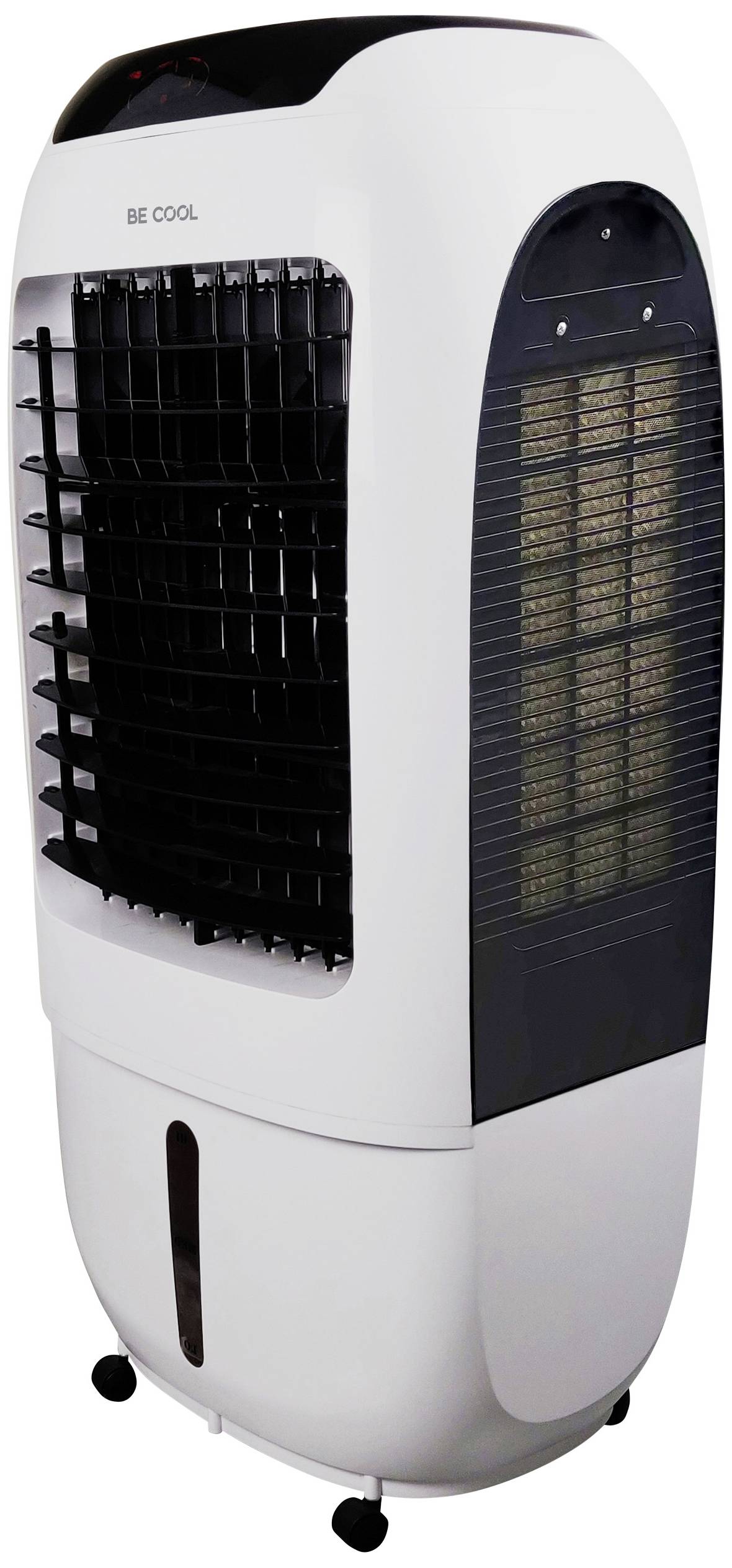 Air conditioning unit with a white casing and black ventilation grilles. It stands on castors for easy manoeuvrability.