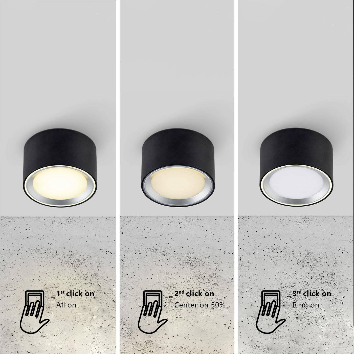 'Three round ceiling lights, each with a different light intensity: left all on, middle 50%, right only the edge on, with touch control.'