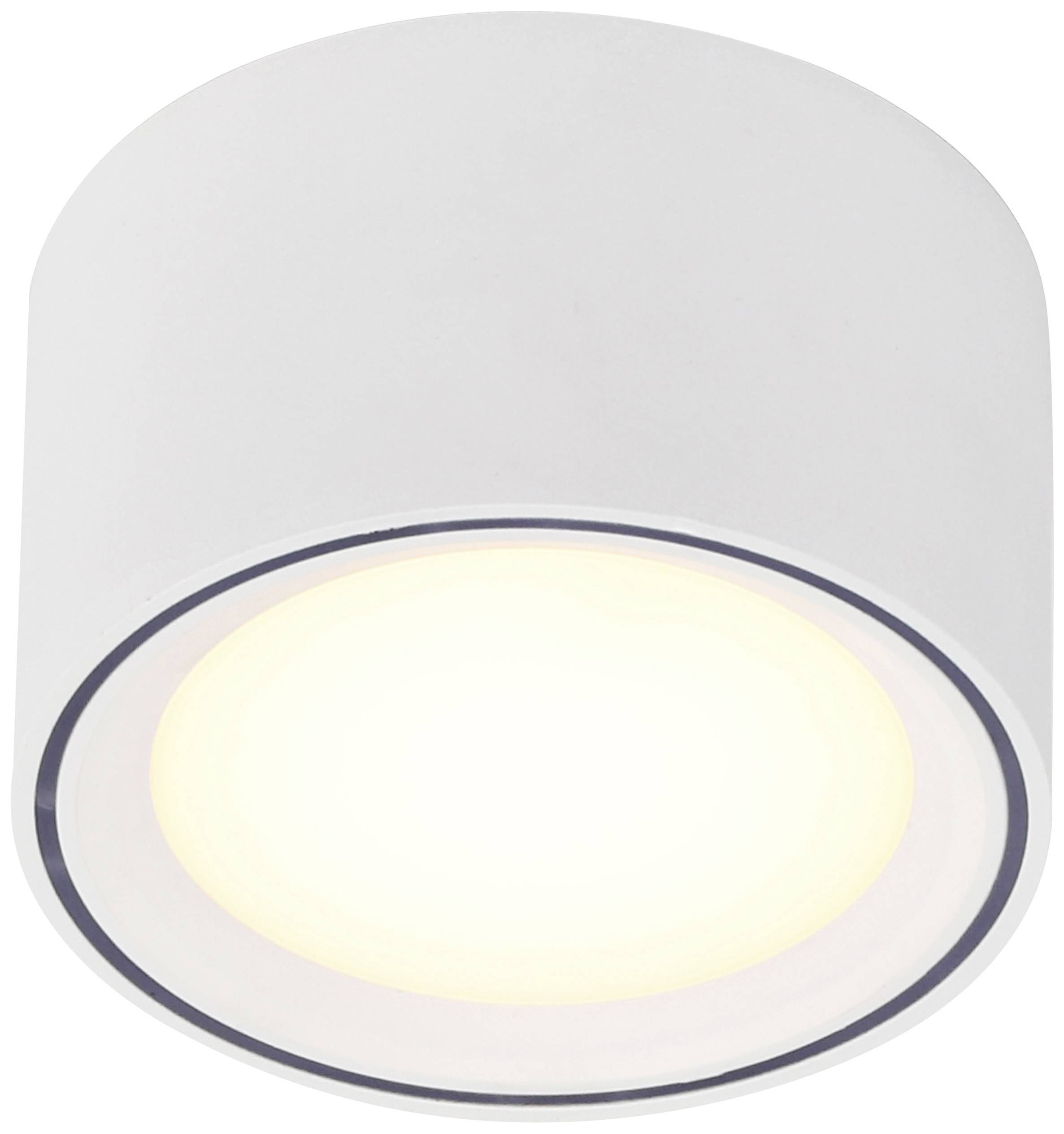 Round ceiling light in white with integrated LED lighting that radiates warm light downwards.