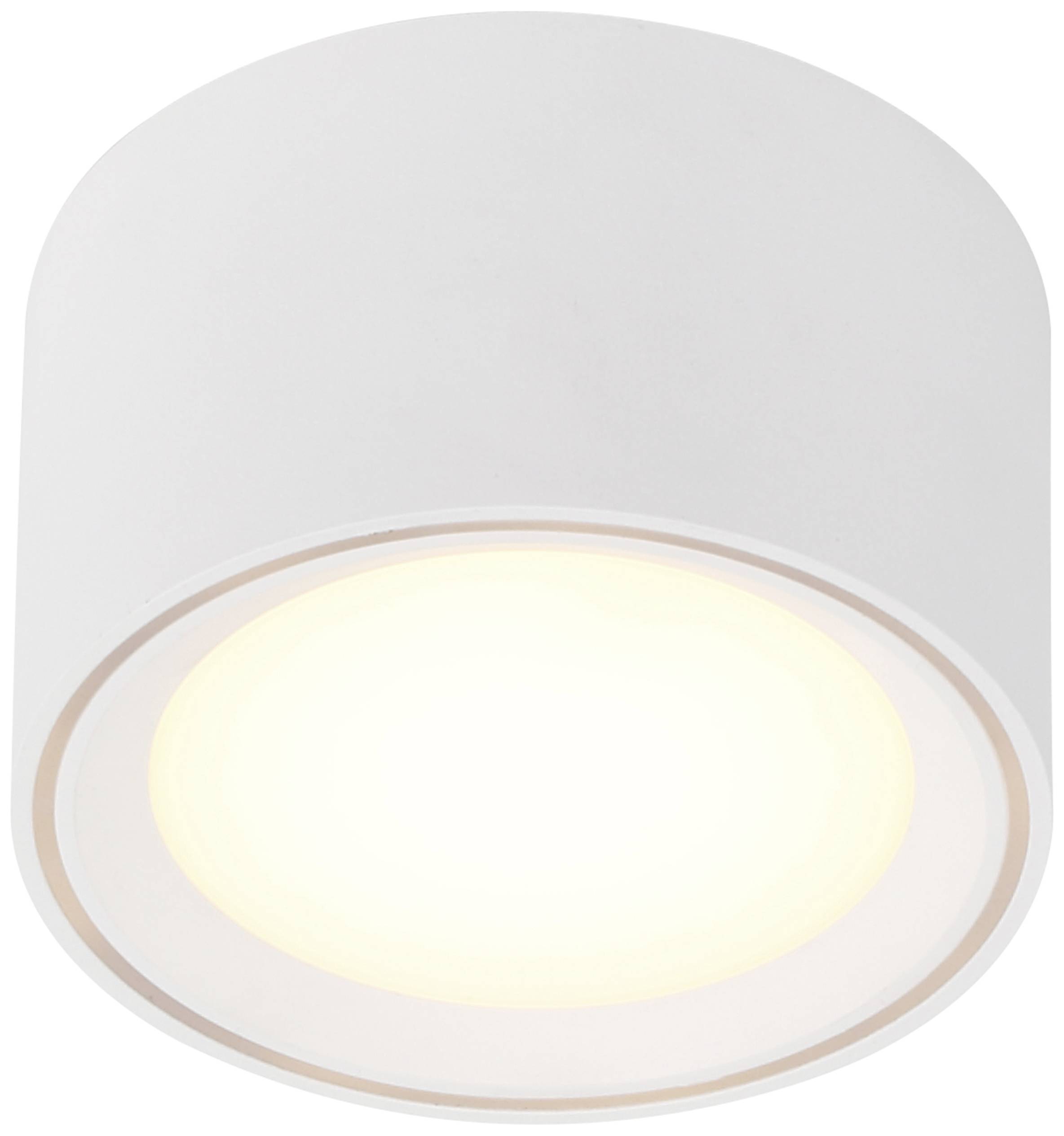 A round, white ceiling light with warm illumination, casting light downwards. Perfect for contemporary interiors.
