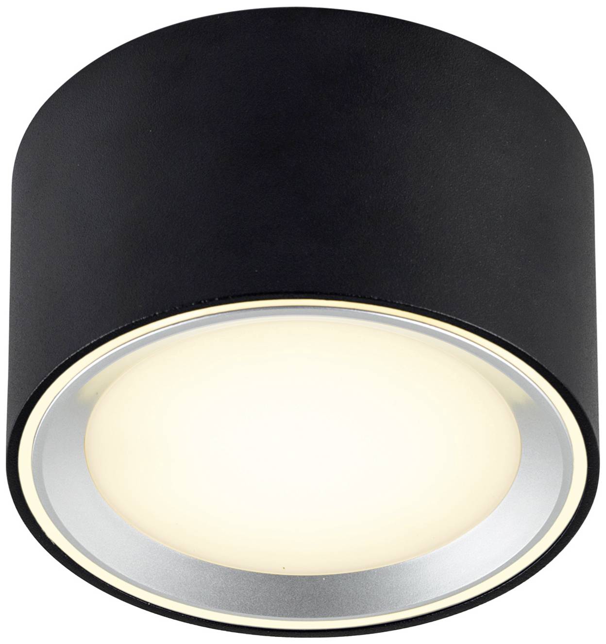 Black cylindrical ceiling light with silver inner rim. Emits warm white light. Ideal for modern interiors.