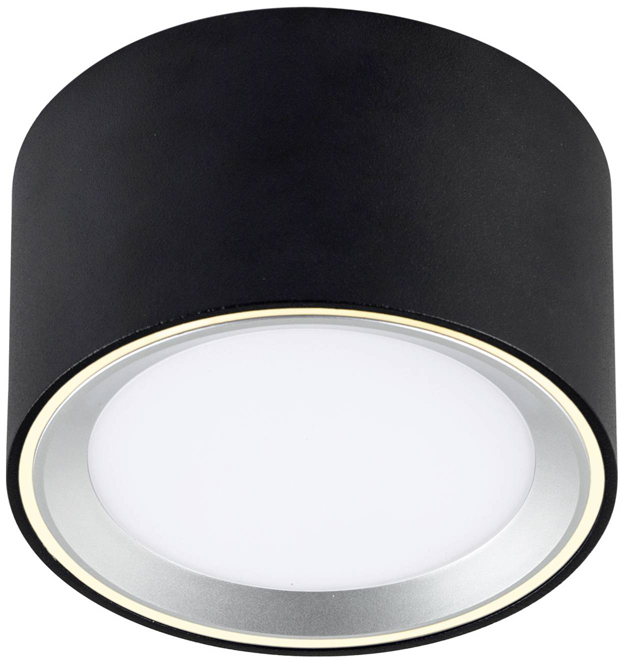 Black cylindrical ceiling spotlight with white illumination surface, suitable for modern interior lighting.