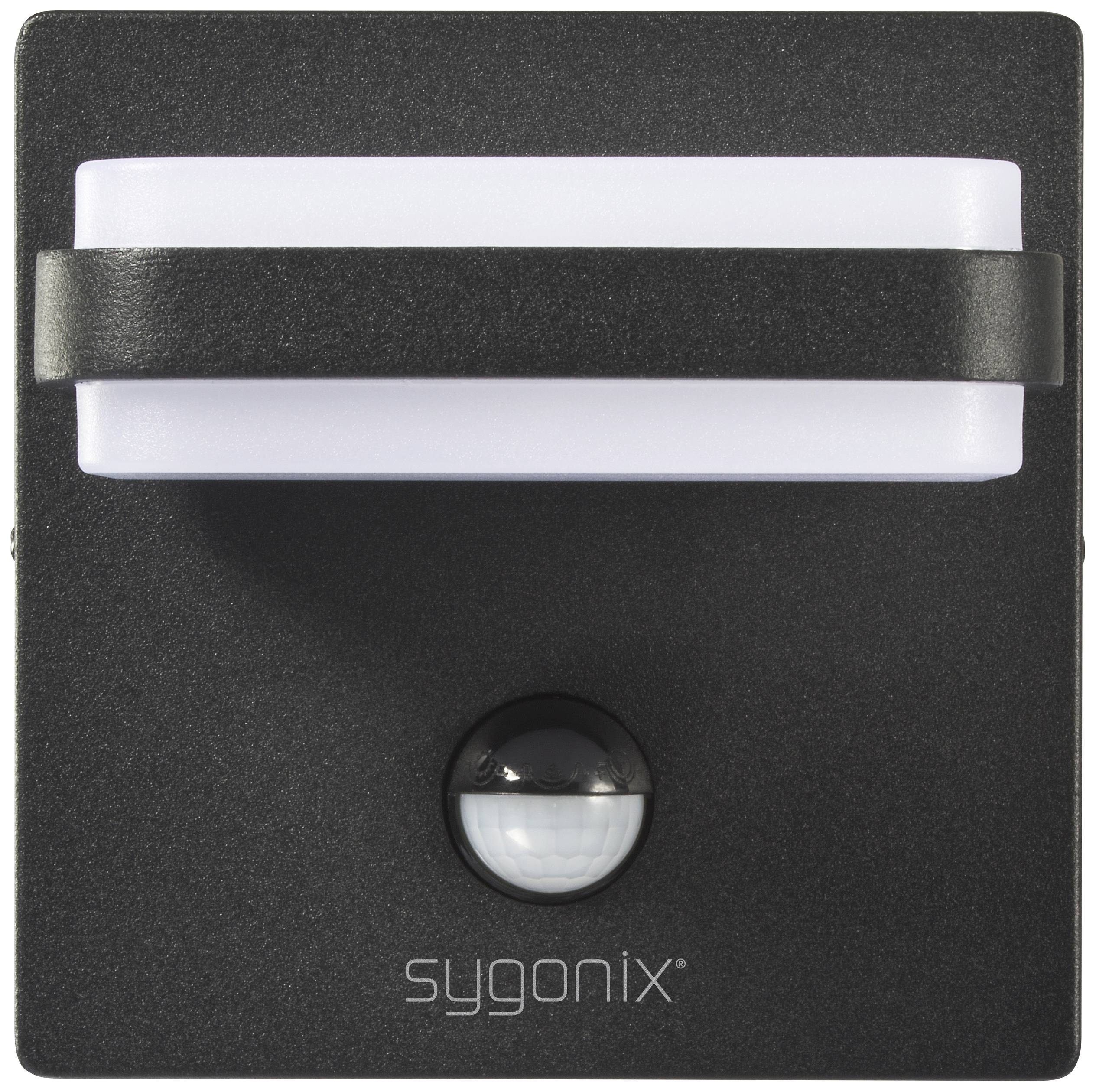 Movement sensor wall light with black housing and internal white illuminated surface. Brand name 'sygonix' shown below.