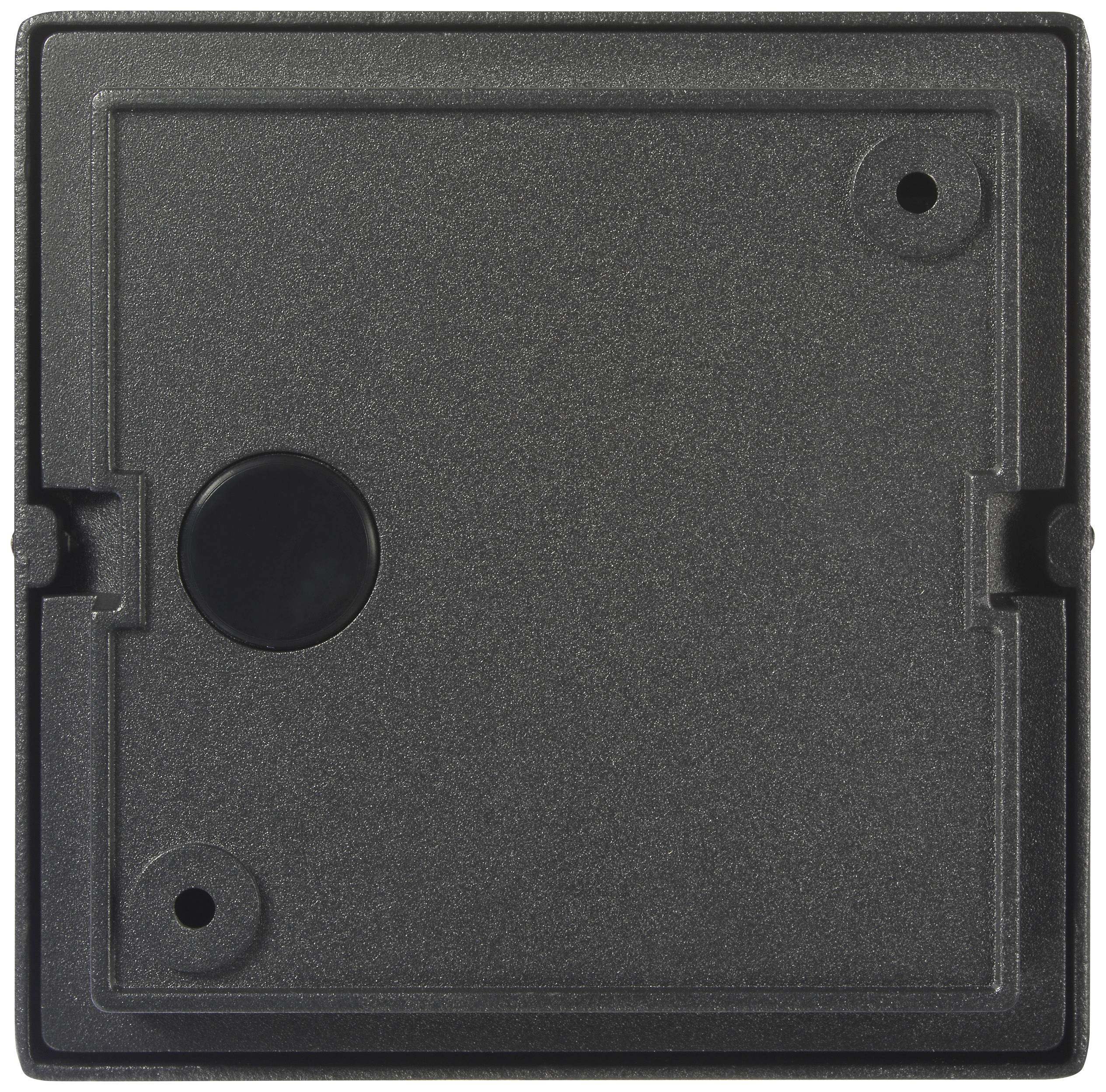 Black plastic cover for a socket or switch, square with rounded corners and mounting holes.