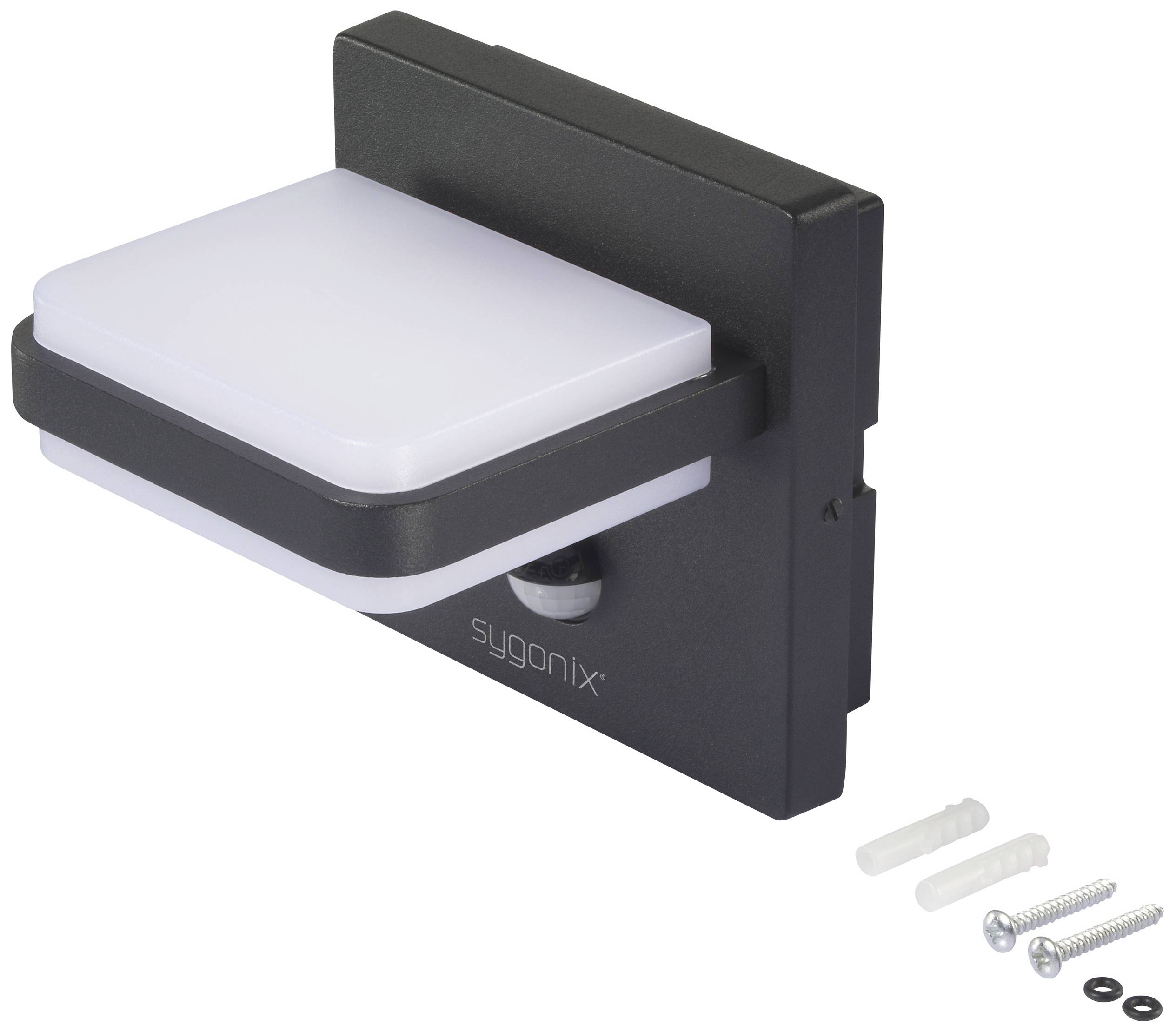 A rectangular, black LED wall light with a white diffuser, alongside mounting screws and wall plugs for installation.