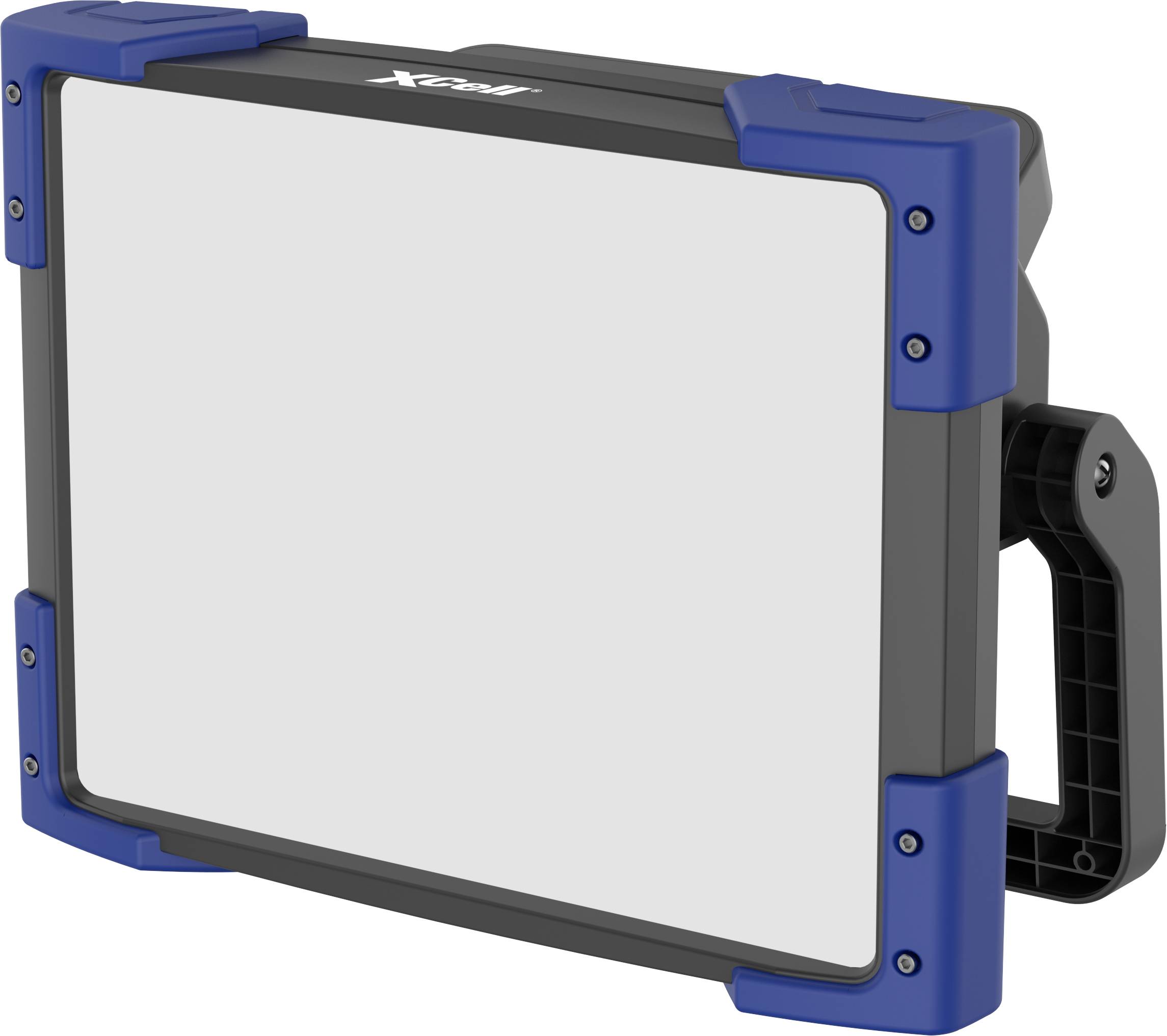 Rectangular work light with a blue-black frame and handle on the right side, with no visible light.
