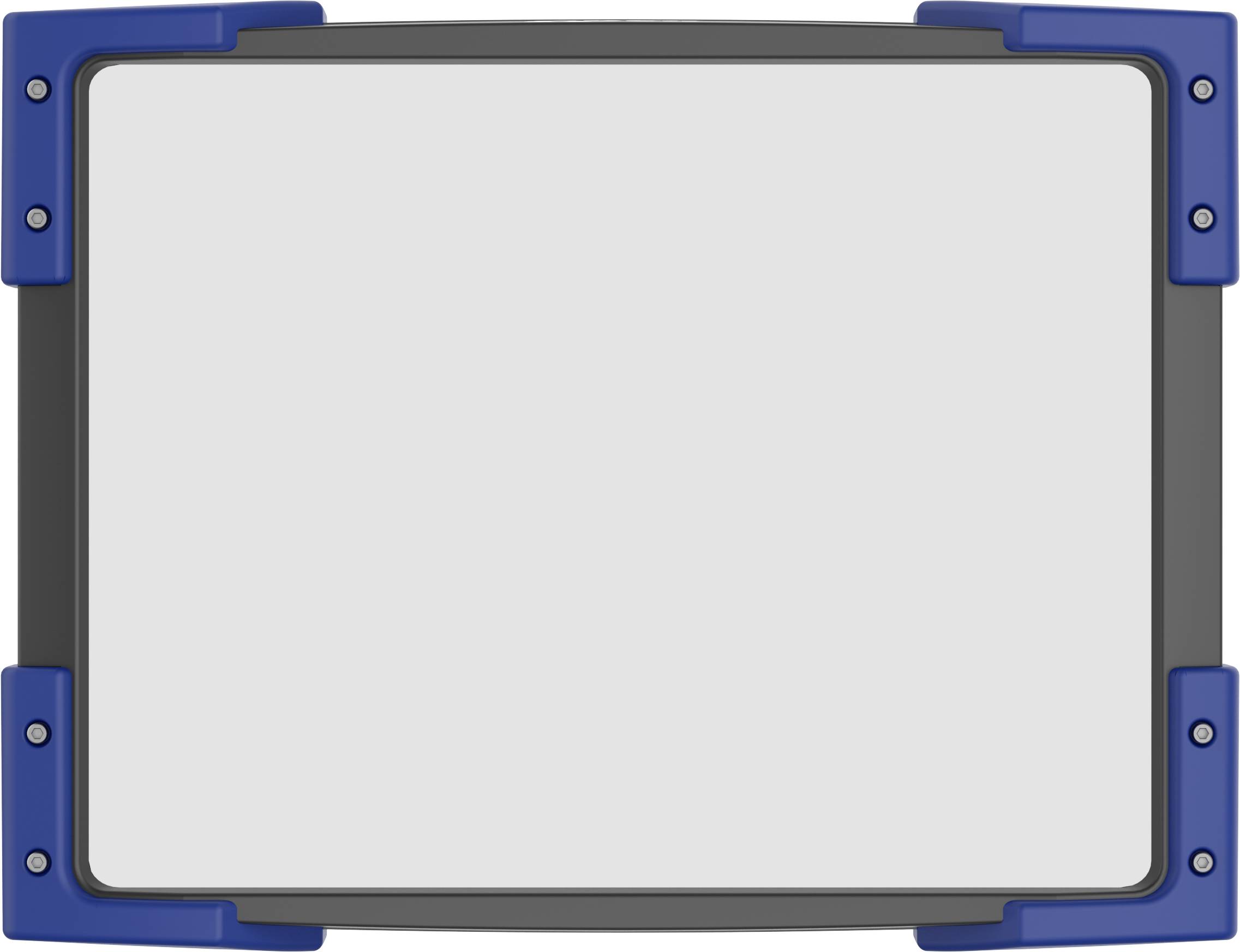 A blank white writing or magnetic board with blue corners on a grey frame.